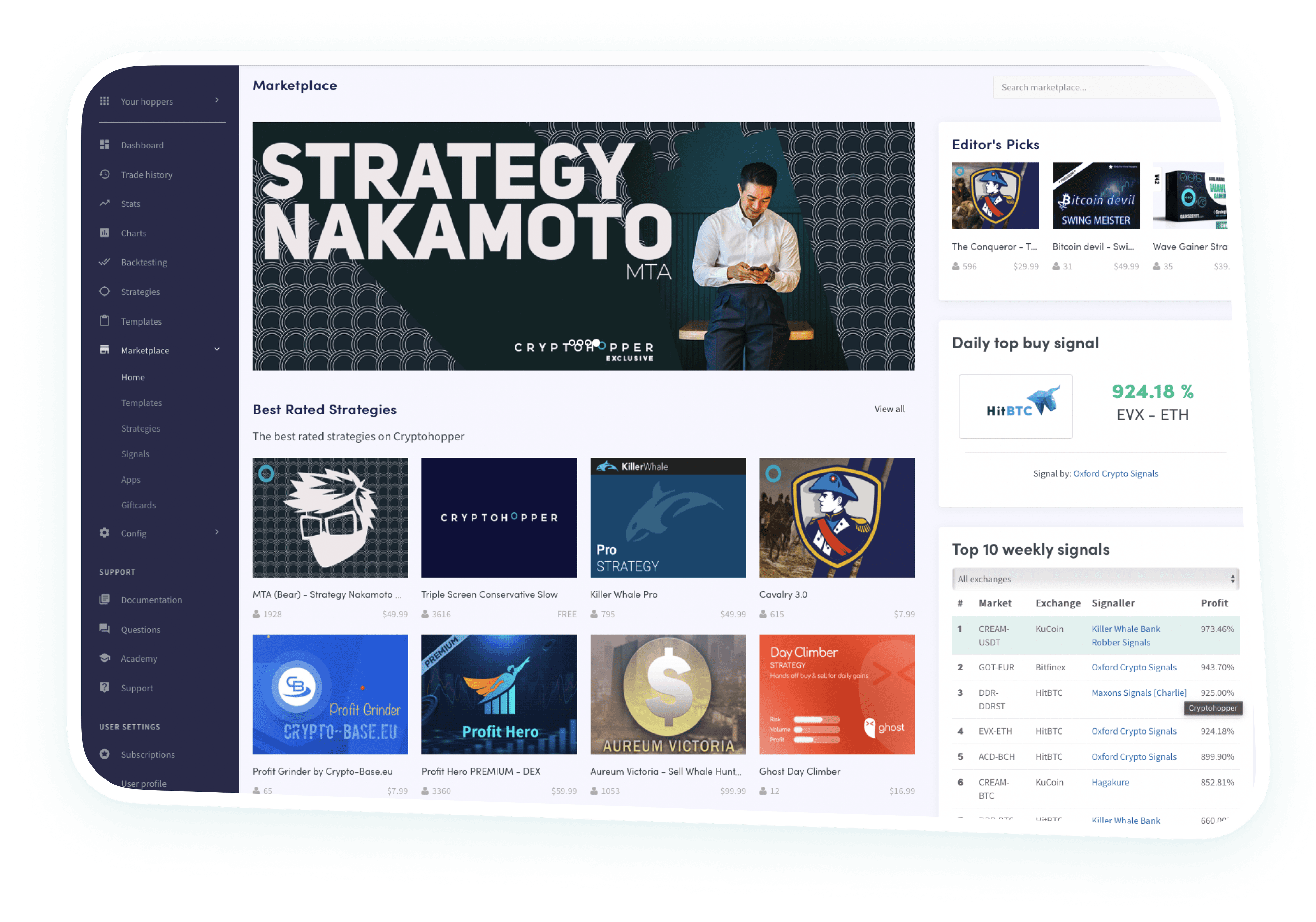 Image of the strategies for sale in the marketplace page