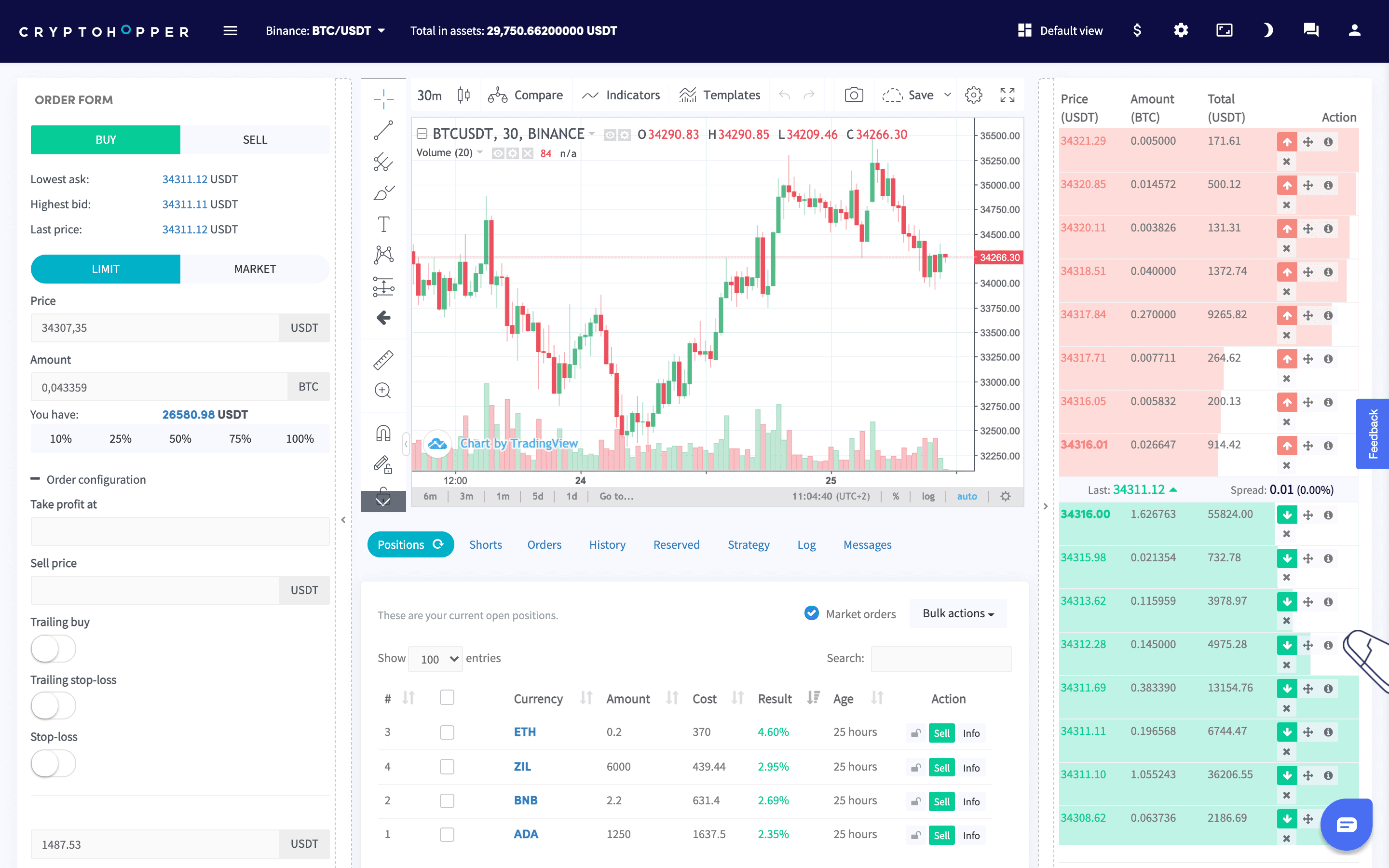 Übernehmen Sie die Kontrolle über Ihre Investitionen mit den Portfolio-Management-Tools von Cryptohopper. Dieses Bild zeigt die Portfolio-Management-Tools von Cryptohopper, die Händlern helfen sollen, die Kontrolle über ihre Investitionen zu übernehmen. Das Bild zeigt eine Benutzeroberfläche, auf der Trader ihr Portfolio effektiv verfolgen und verwalten können. Die Portfoliomanagement-Tools von Cryptohopper bieten Echtzeit-Updates zu Ihren Beständen, Gewinn-/Verlustberechnungen und Leistungsmetriken. Mit einem umfassenden Überblick über Ihr Portfolio können Sie fundierte Entscheidungen treffen, Ihr Vermögen umschichten und Ihre Anlagestrategie optimieren. Mit den Portfoliomanagement-Tools von Cryptohopper behalten Sie den Überblick über Ihre Anlagen, überwachen deren Performance und können sich problemlos an die Marktbedingungen anpassen. Verbessern Sie Ihr Portfolio-Management mit Cryptohopper und maximieren Sie das Potenzial Ihrer Investitionen.