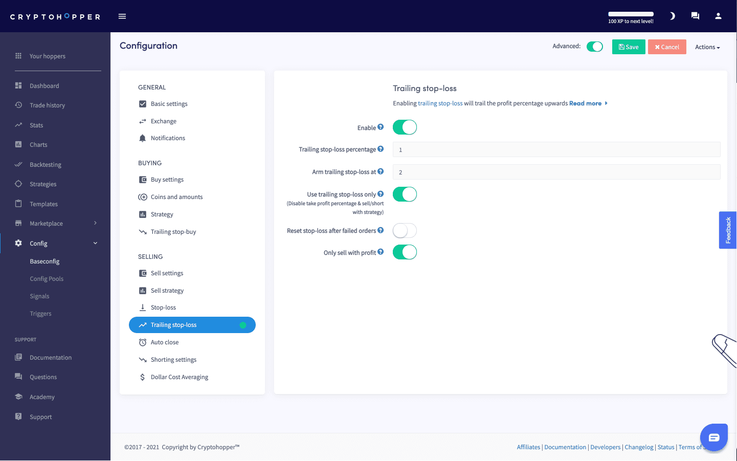 Cryptohopper Trailing features