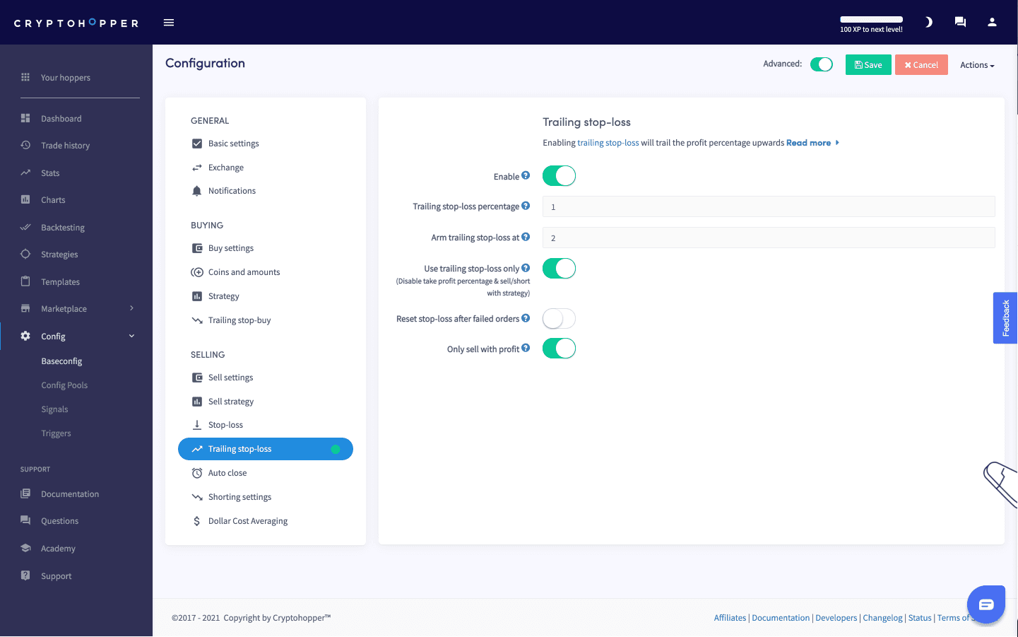 Cryptohopper Trailing funkce