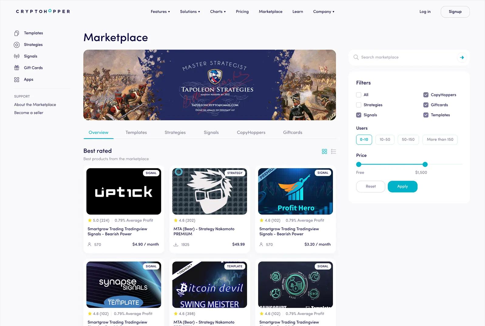 Entdecken Sie die Welt der Handelsmöglichkeiten auf dem Marketplace von Cryptohopper. Dieses Bild zeigt den Marketplace von Cryptohopper, eine dynamische Plattform, auf der Trader verschiedene Handelsstrategien, Vorlagen und Indikatoren entdecken, kaufen und verkaufen können. Das Bild zeigt eine Benutzeroberfläche, die eine umfangreiche Sammlung von Handelsressourcen präsentiert, die von Händlern aus der ganzen Welt zur Verfügung gestellt werden. Der Marketplace von Cryptohopper bietet eine breite Palette von Handelswerkzeugen, um Ihre Handelsleistung zu verbessern und Ihre Strategien zu optimieren. Ob Sie nach fertigen Strategien, anpassbaren Vorlagen oder innovativen Indikatoren suchen: Der Marketplace bietet eine Fülle von Optionen, die Ihrem Handelsstil und Ihren Zielen entsprechen. Entdecken Sie den Cryptohopper-Marketplace und erschließen Sie sich noch heute eine Welt voller Handelsmöglichkeiten.