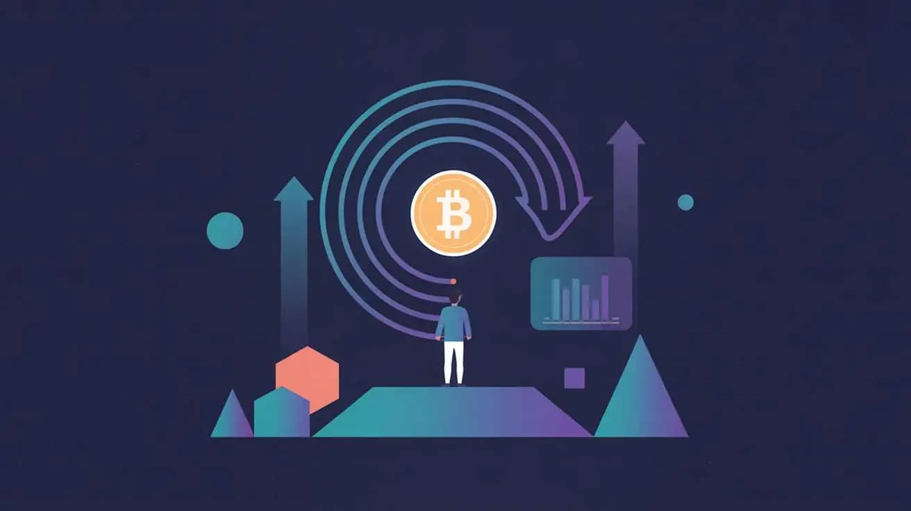 Bitcoin four-year cycle illustration showing a figure analyzing a Bitcoin market cycle spiral with upward trending arrows and chart elements