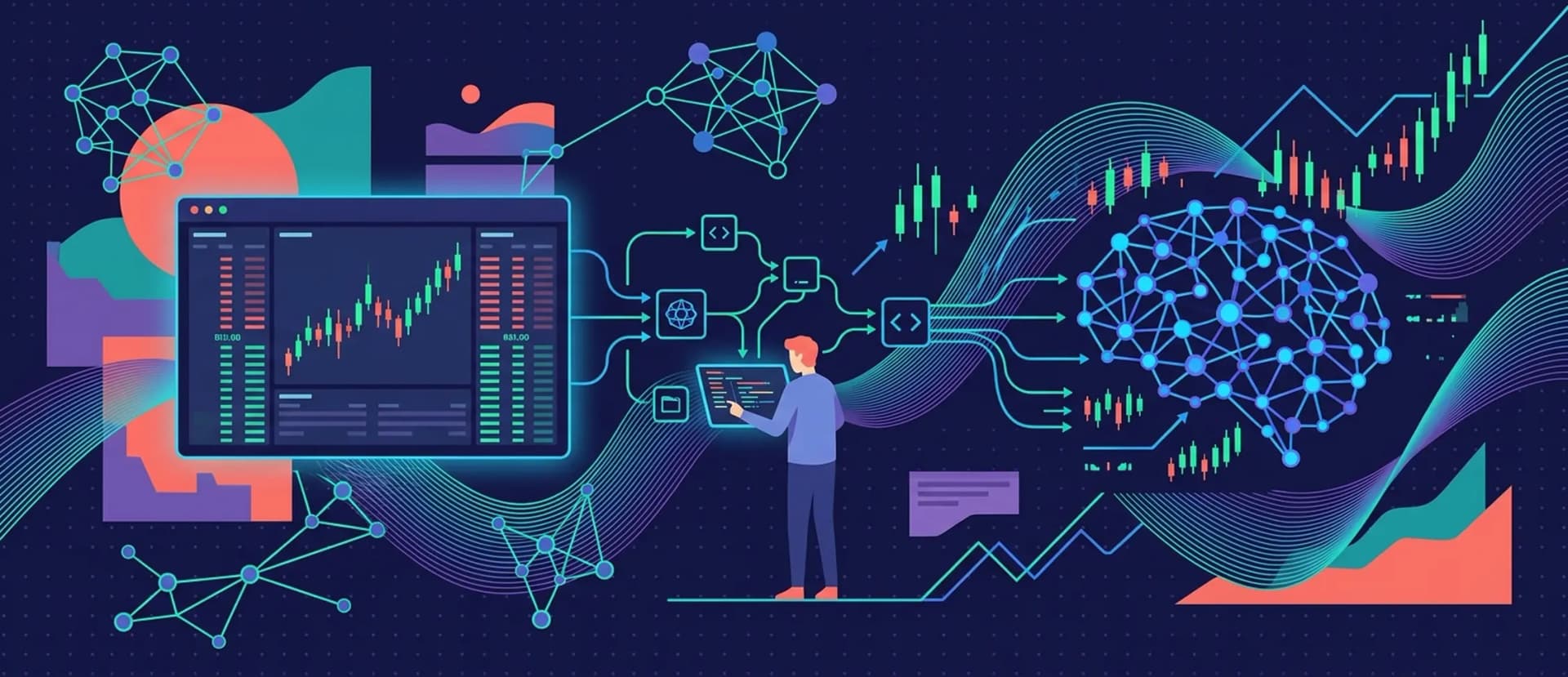  Illustration of a person on a tablet connecting a trading dashboard to a glowing neural-network brain through a flow of code icons and data, with candlestick charts on a dark background.