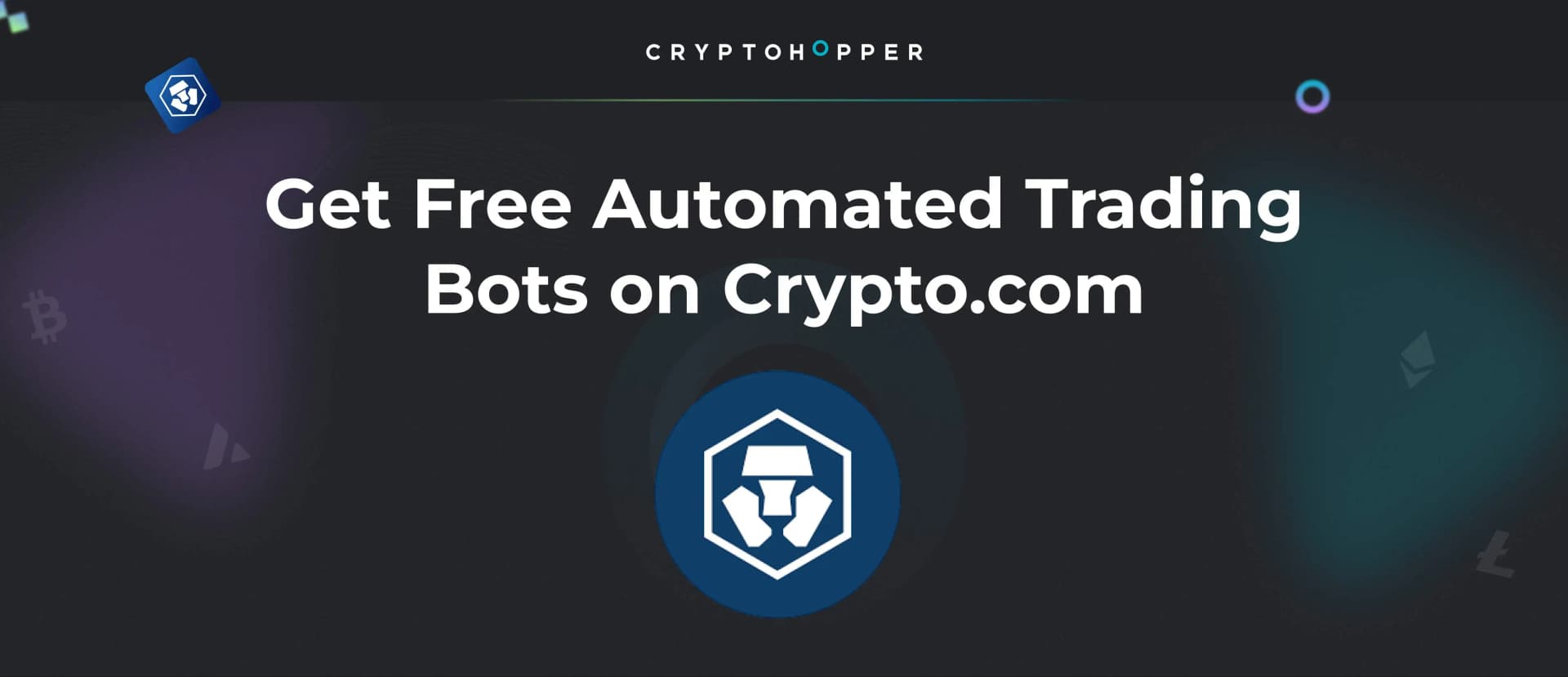 Cryptohopper promotional banner showing free automated trading bots offer for Crypto.com exchange with robot mascot and trading chart graphics