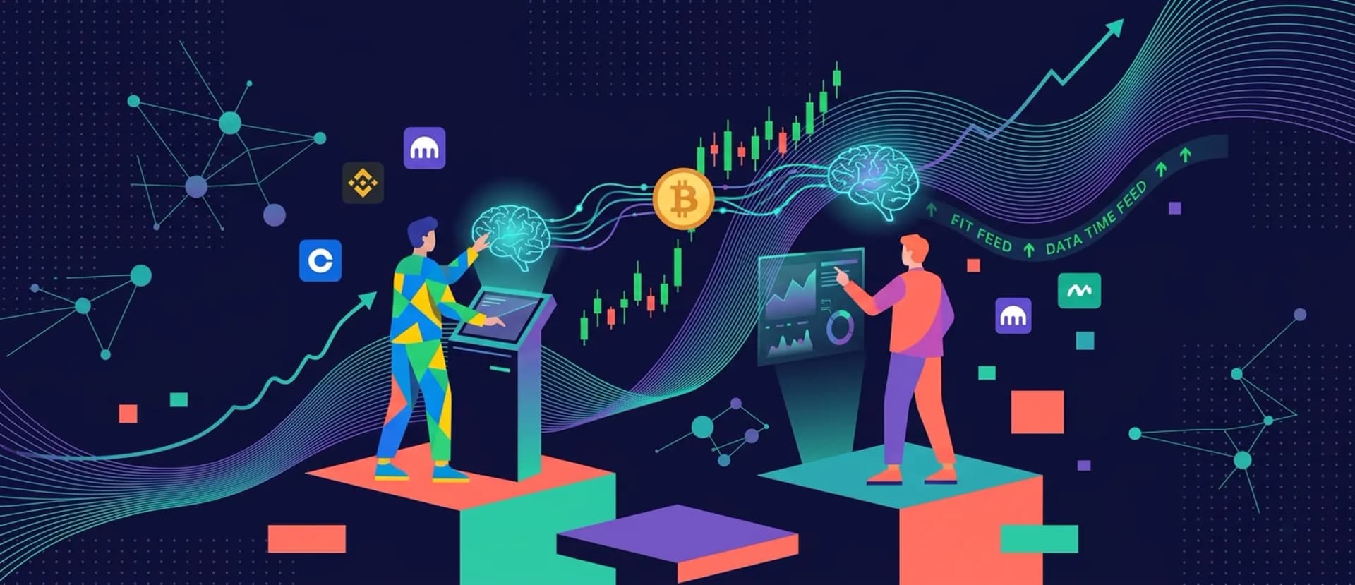 Stylized illustration of AI-driven crypto trading—two people at digital screens connected to glowing brains, with exchange logos, Bitcoin, and a rising market chart.