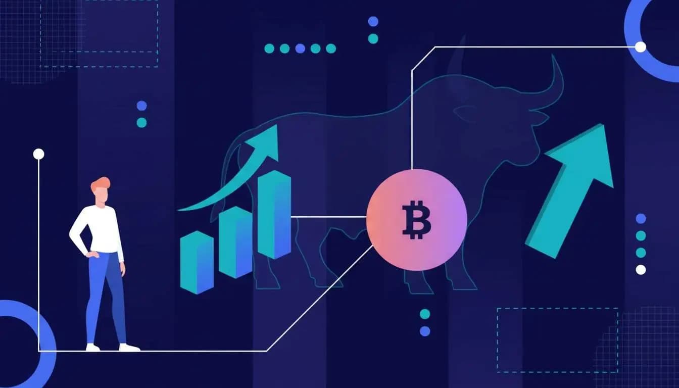 Illustratie van een persoon die kijkt naar stijgende Bitcoin-grafieken met een stier op de achtergrond, symboliserend een bull market – Bitcoin Rally Continues as Grayscale Calls Bull Market
