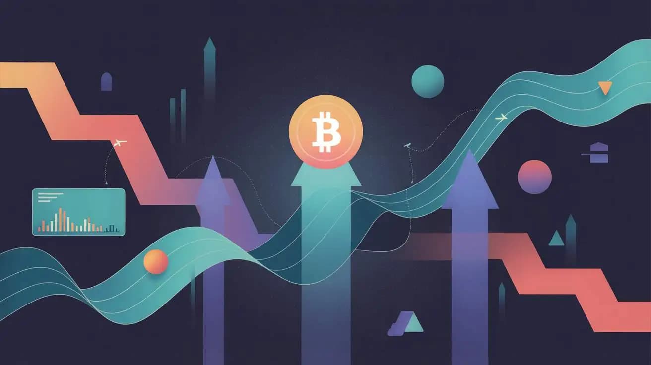 Bitcoin price rally illustration showing upward arrows lifting Bitcoin toward $82K with falling coral lines representing declining oil prices and rising teal wave lines representing crypto market momentum