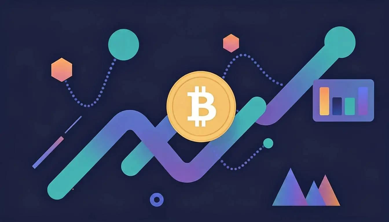 Illustration of a Bitcoin coin in the foreground, surrounded by an upward-trending graph in blue-green tones, colorful geometric shapes, and a bar chart — symbolizing crypto trading and market analysis against a dark blue background.
