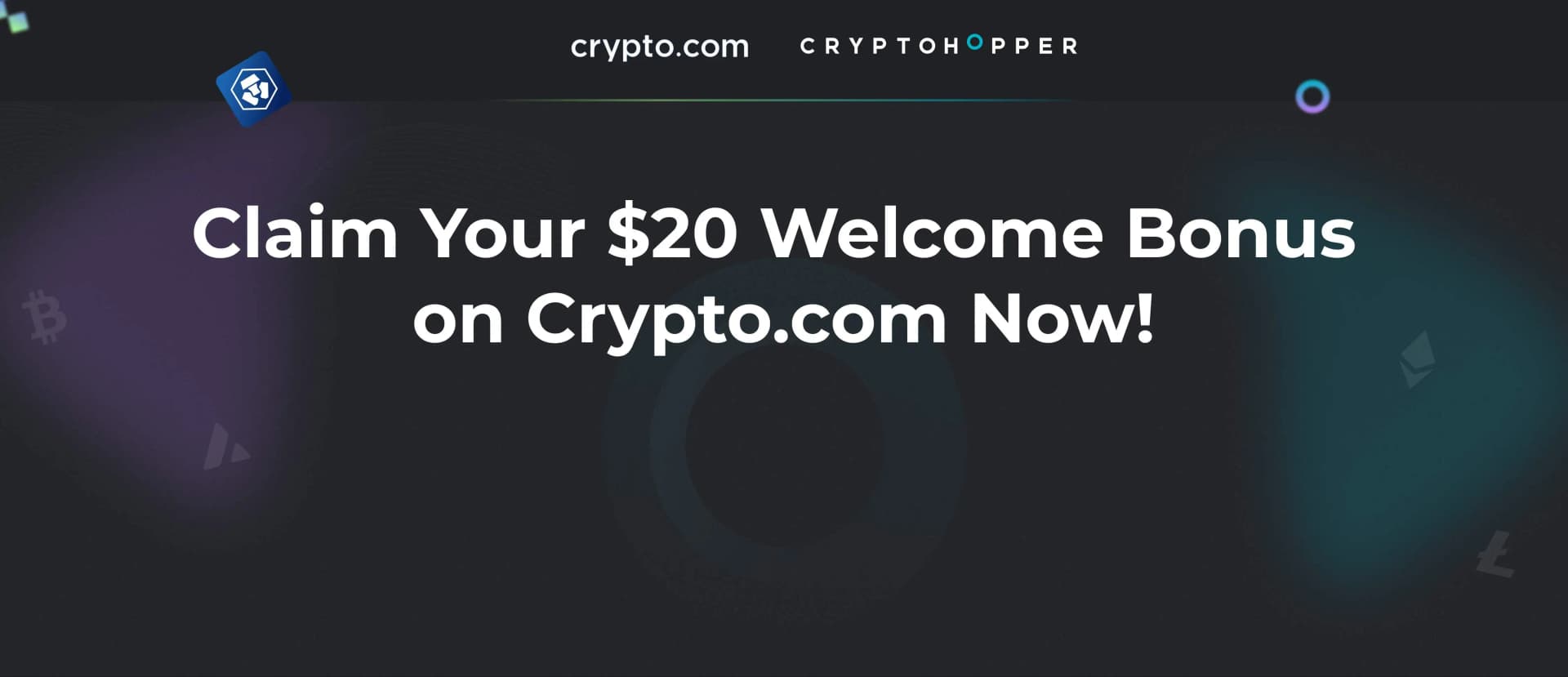 Crypto.com welcome bonus promotional image showing $20 signup offer for new cryptocurrency traders via Cryptohopper platform