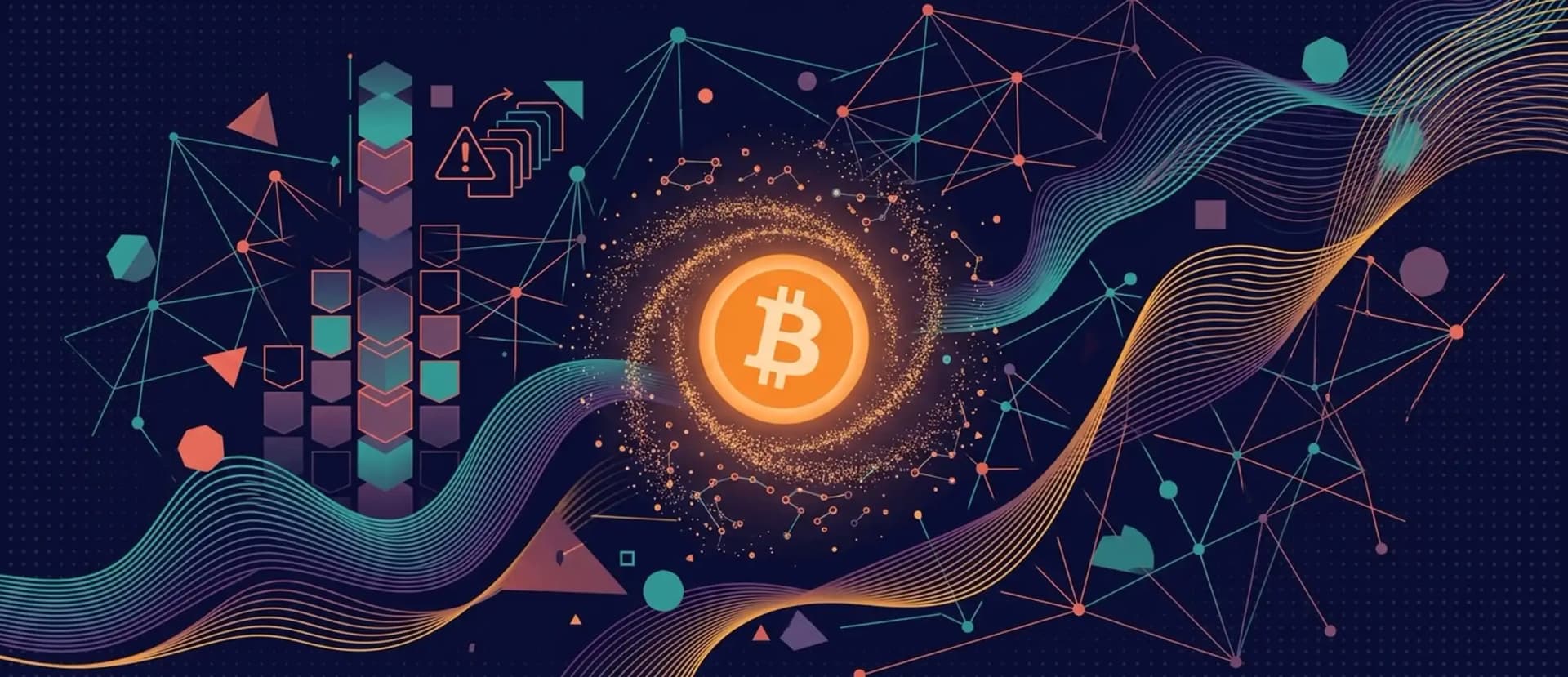 Bitcoin blockchain data visualization showing rising transaction volume and mempool congestion on a dark digital dashboard