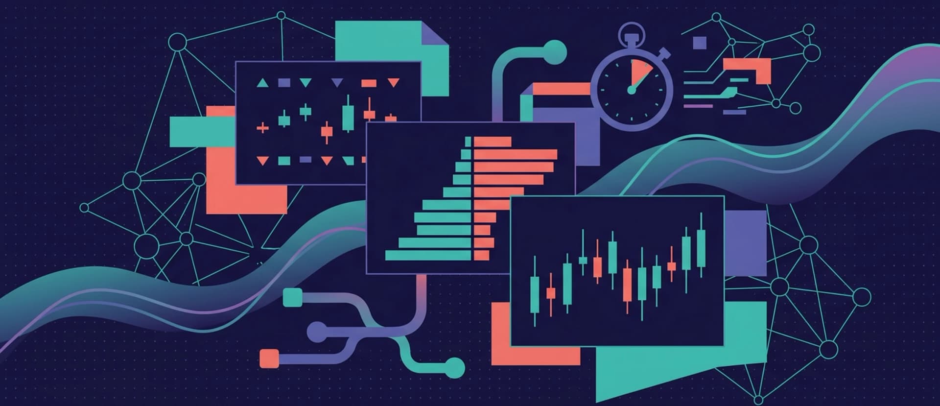 Three glowing data panels showing a live ticker feed, an orderbook depth chart, and candlestick price bars on dark screens.