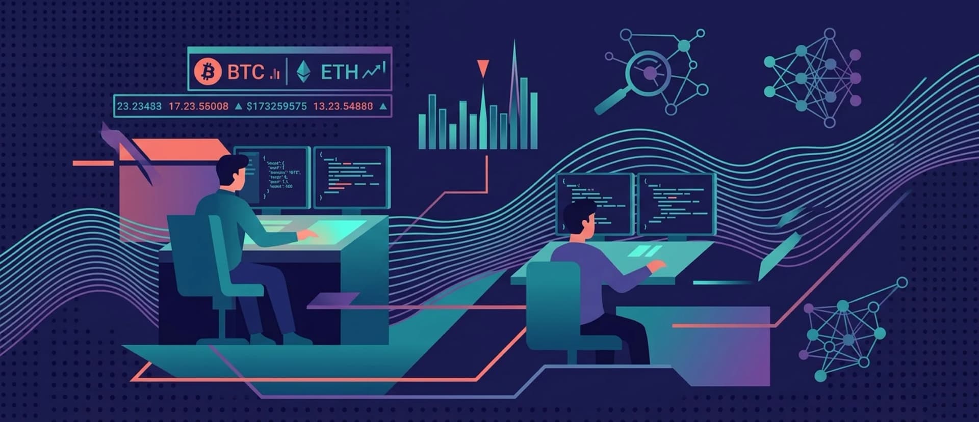A cryptocurrency trading dashboard displaying real-time ticker data for multiple pairs including BTC and ETH with price and volume stats.