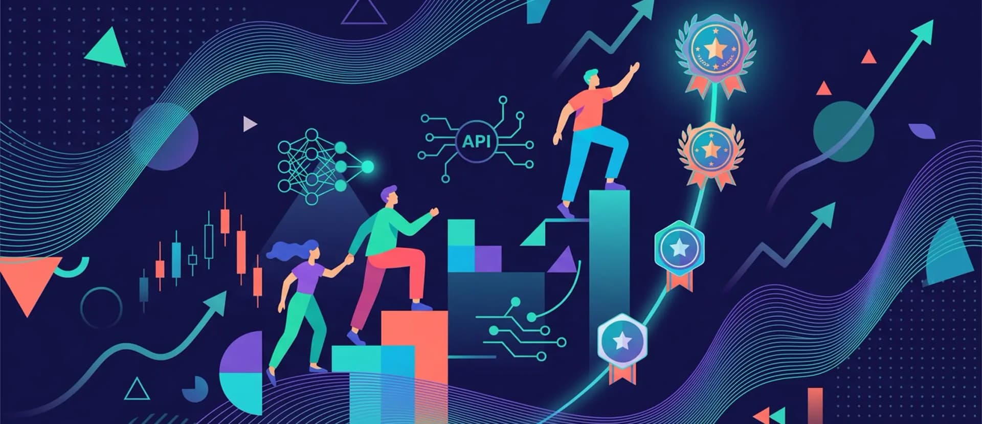 Four tiered steps labeled Pioneer, Explorer, Adventurer, and Hero with cryptocurrency exchange icons and data chart elements