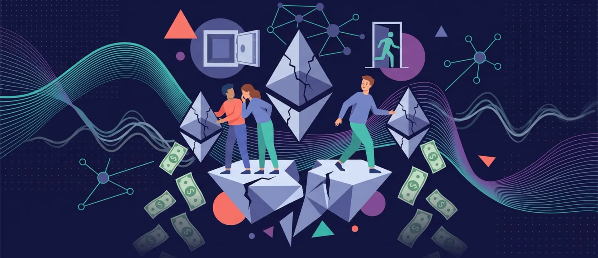 Ethereum logo on a cracked foundation graphic, symbolizing funding pressure and organizational uncertainty