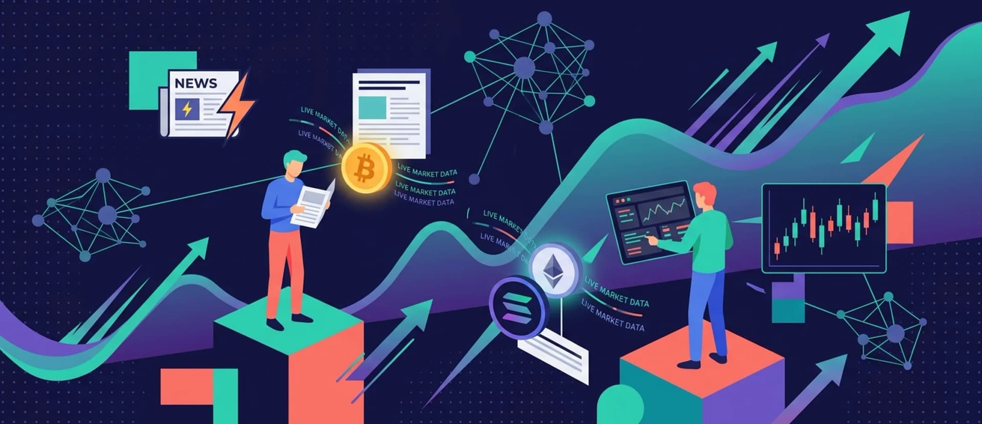 A trader reviewing cryptocurrency news on a screen alongside live price charts and volume indicators in a dark workspace.