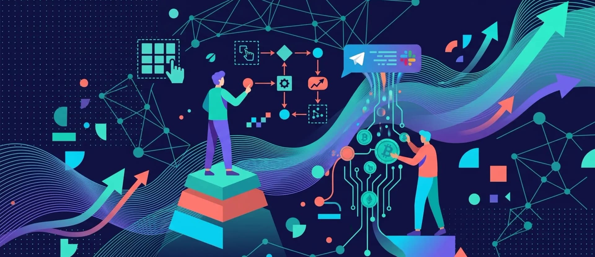A visual workflow editor on screen connecting cryptocurrency market data nodes to Telegram and Google Sheets outputs.
